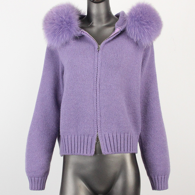 Women's Clothing Spot autumn and winter new casual hooded real fox fur collar fashionable all match knitted sweater outerwear fur coat women_voghion.com