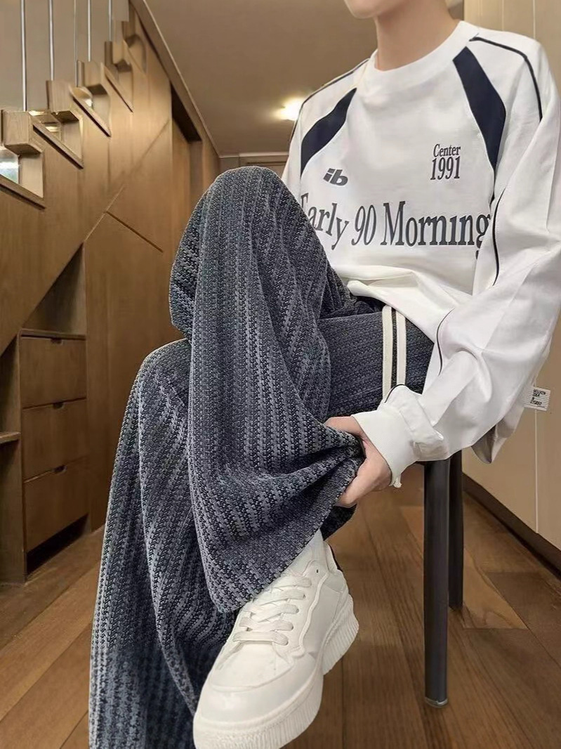 Pantalones deportivos casuales para hombres otoño y invierno marca de moda transfronteriza estriada de punto suelta rectos pesados pantalones