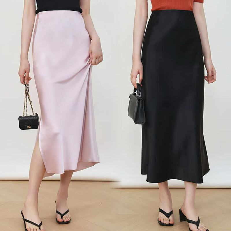 Asymmetrical Cut Acetate Satin High-Waisted Drapey Elastic Waist Slit Skirt for Women, Summer A-Line Fishtail Long Skirt for Petite Figures Asymmetrical Cut Acetate Satin High-Waisted Drapey Elastic Waist Slit Skirt for Women, Summer A-Line Fishtail Long Skirt for Petite Figures