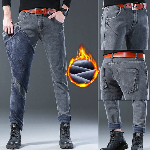 Velvet and thick jeans, elastic men's new winter style, slim slim-fitting pants, blue, all-matching, slimming, Korean trend