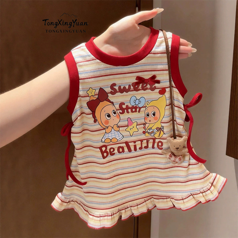 Girls' Dress 2026 Summer New Style Kindergarten Baby Girl Stylish Sweet Cute Cartoon Striped Tank Dress