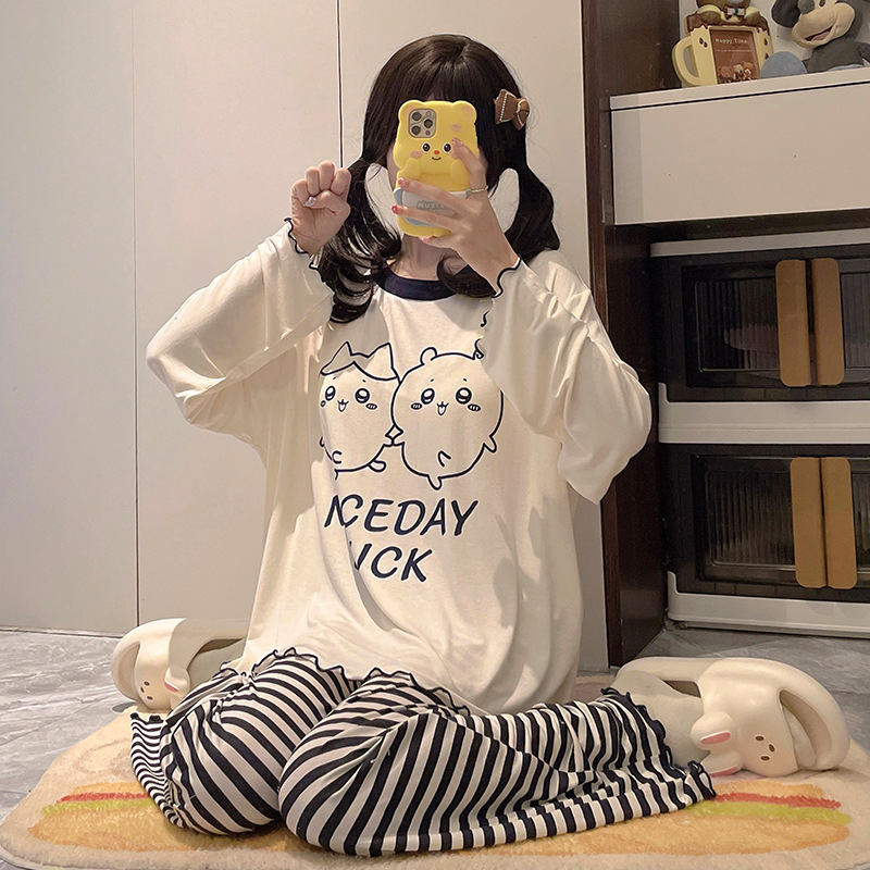 モーダル綿パジャマ少女春秋夏涼感薄い長袖かわいいカピバラホームウェア胸パッド付き|undefined