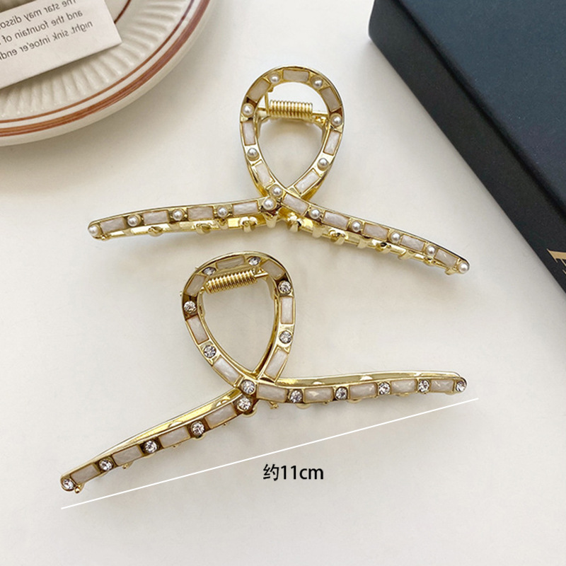 Korean Style Hair Claw Metal Grab Clip Cross Fashion Elegant Rhinestone Hair Clip Women's Hair Back Head Gem Pearl Grab Clip