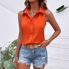 亚马逊新款简约休闲优雅内搭百搭纯色翻领背心衬衣度假风衬衫