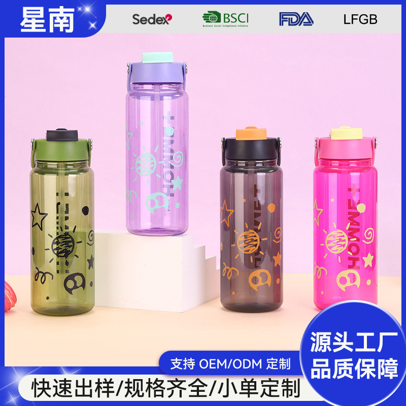 彩色透明潮流印花吸管水杯一键弹盖防漏运动水瓶健身便携塑料杯