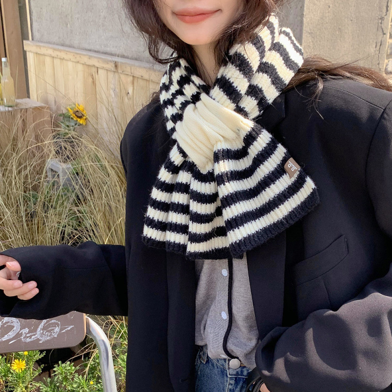 针织条纹交叉毛线围脖女秋冬季韩版百搭装饰加厚羊毛混纺保暖围巾|undefined