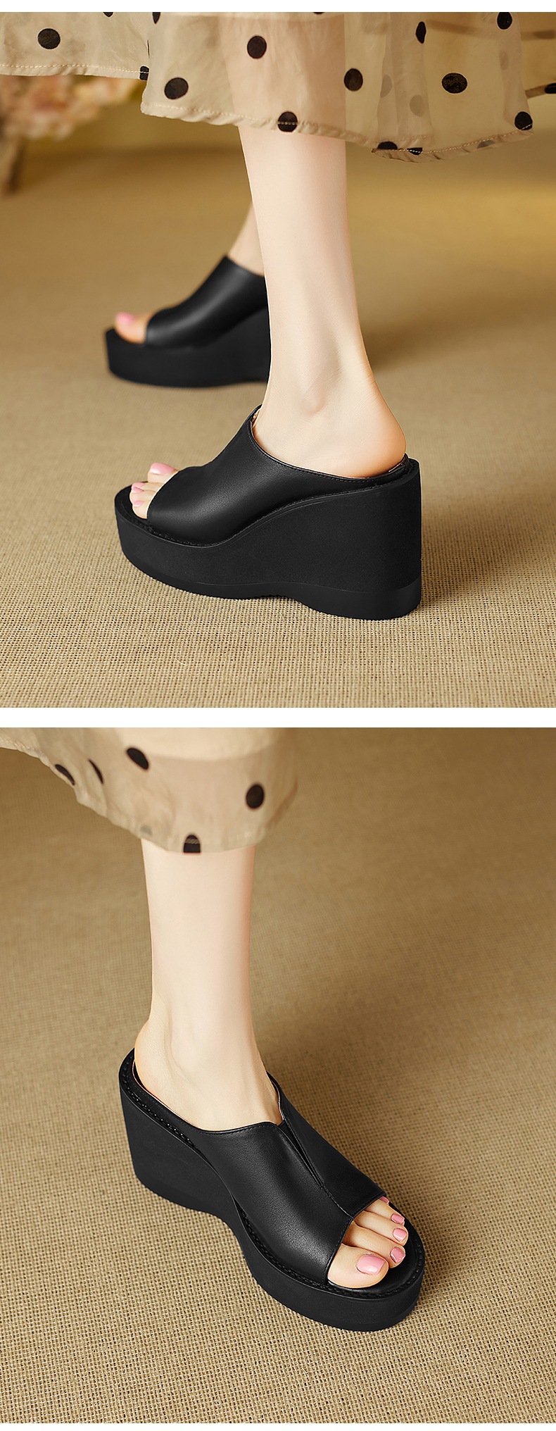 Dép sandal cao gót nữ mũi cá, đế xuồng dày, quai ngang, gót 8 cm — đen chi tiết 7