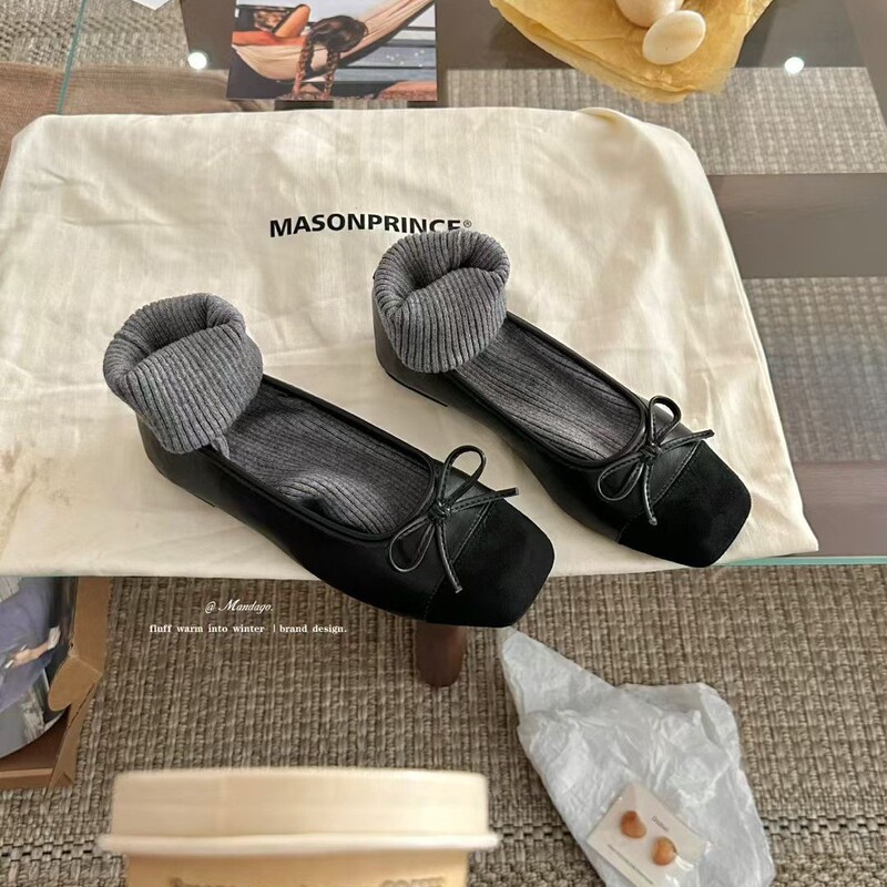 THEMANDAGO芒大果 韩国百搭通勤拼色方头蝴蝶结浅口芭蕾单鞋女秋|undefined