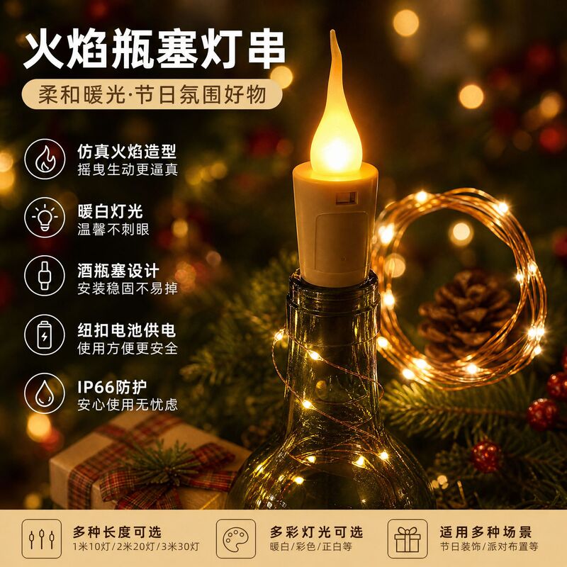 Cross-Border Flame Led Wine Bottle Stopper Copper Wire Light Button Battery Christmas Decoration Atmosphere Light Candle Headlight Cross-Border Flame Led Wine Bottle Stopper Copper Wire Light Button Battery Christmas Decoration Atmosphere Light Candle Headlight
