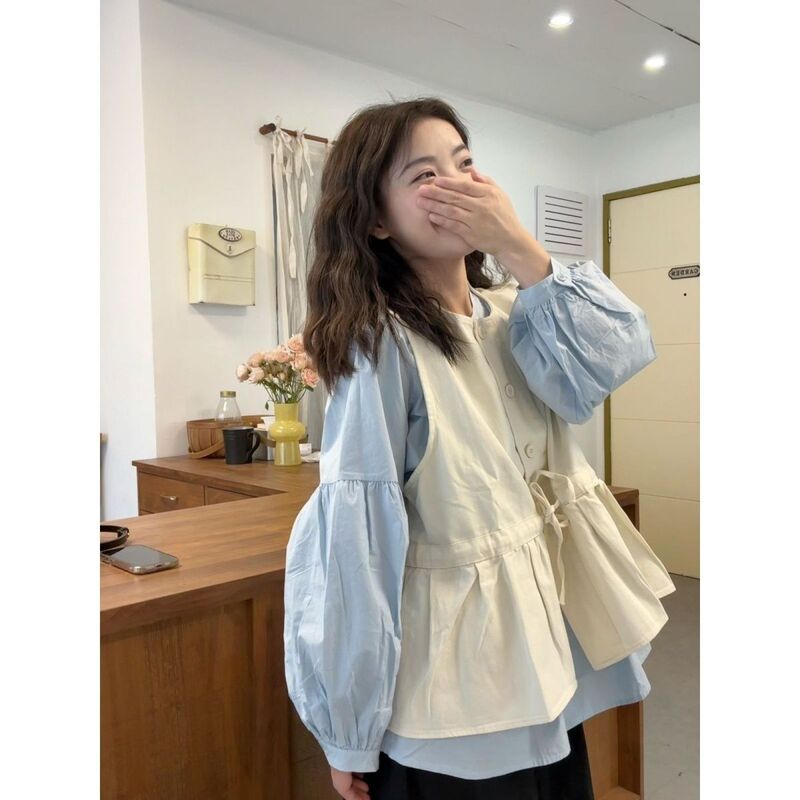 宽松百搭圆领长袖衬衫叠穿绑带马甲套装2025春秋新款时尚两件套女|undefined