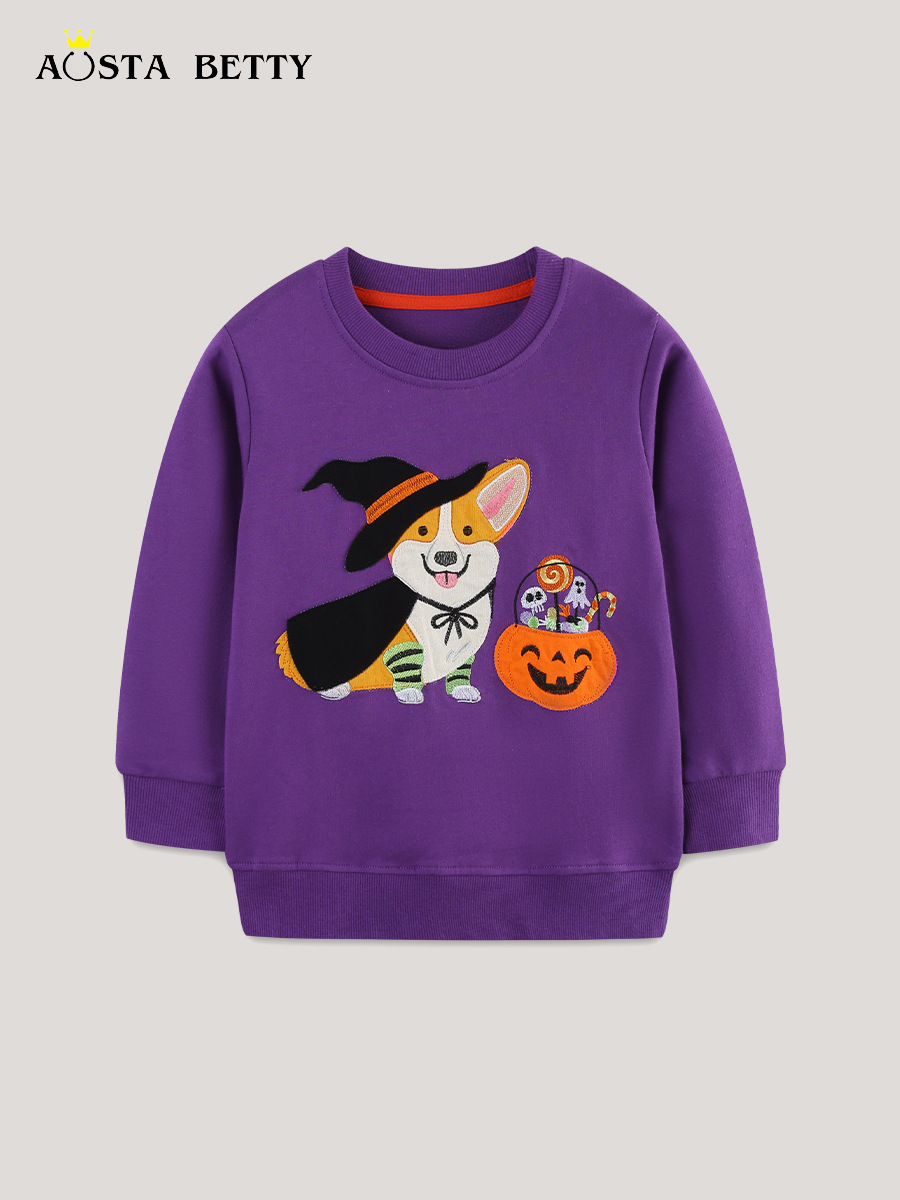 26 nuevos estilos de sudaderas para niñas, estilo europeo y americano, con parches de dibujos animados de Halloween, suéteres de manga larga para niños, venta al por mayor de una sola pieza.