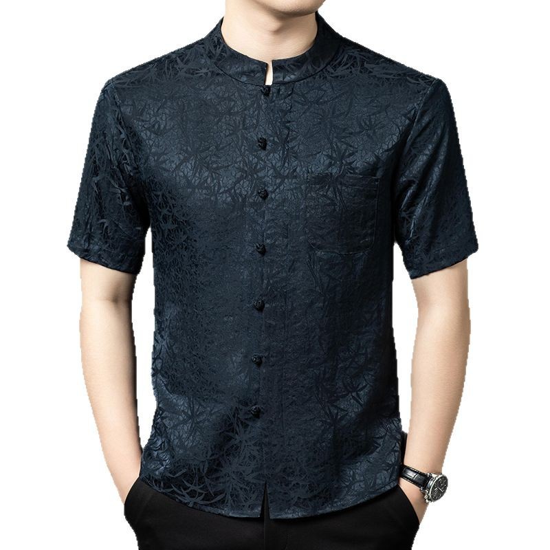 Áo sơ mi nam ngắn tay lụa tơ tằm cổ đứng phong cách Trung Hoa nút vải — Đen 25185