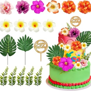 18 Pieces of Hawaiian Cake Decoration Floral Cupcake Palm Leaf Hibiscus Hawaiian Style Cupcake
