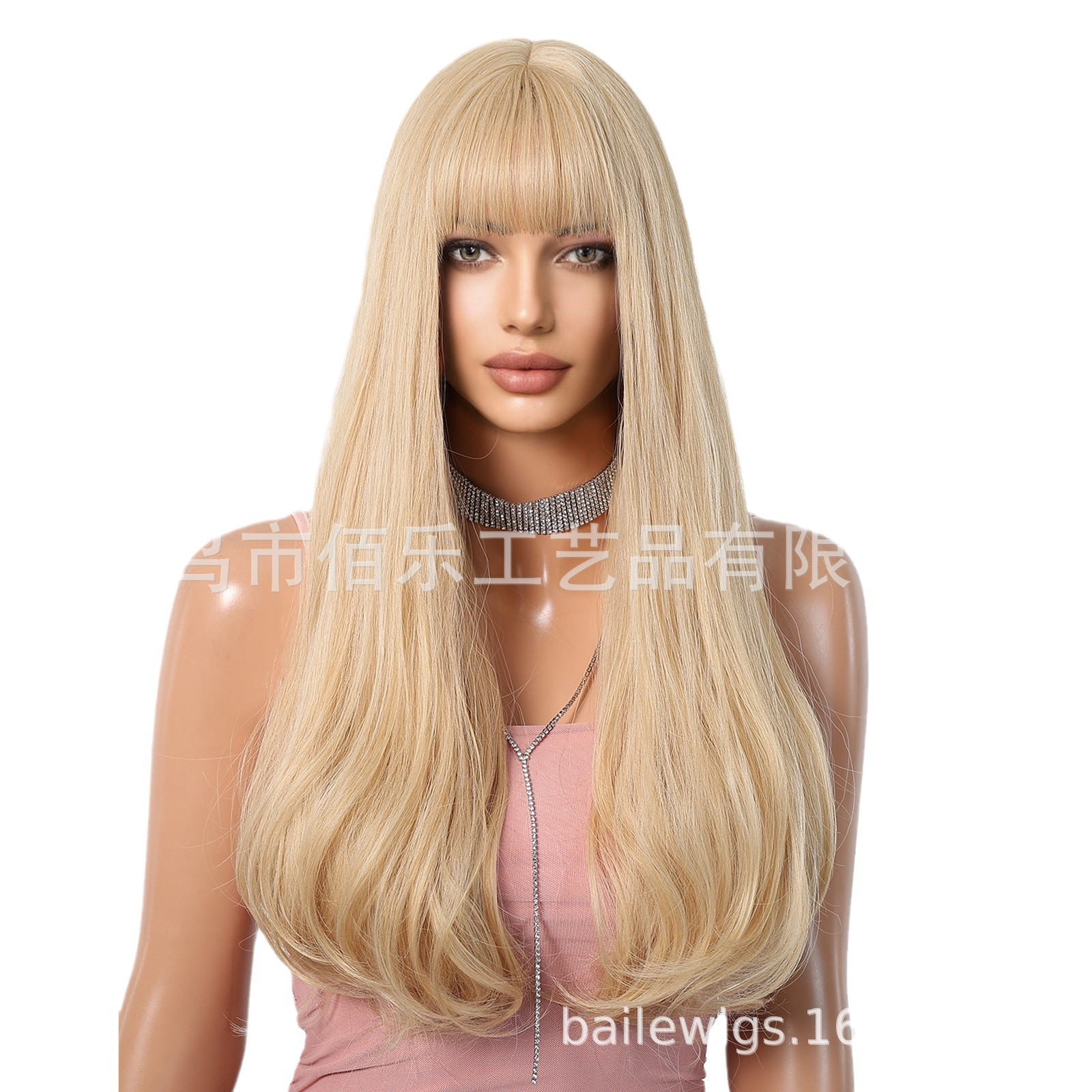 Popular peluca dorada Mediados de longitud flequillo natural largo pelo rizado moda femenina moda fabricante blanco en stock pelucas