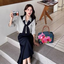 2025秋季时尚套装新款针织披肩+条纹衬衫+半身裙三件套