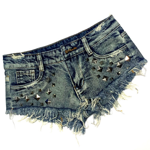 Short denim shorts with ultra-low waist, ultra-short denim shorts, Western punk style club women's pants, frayed and washed with hair edge and holes