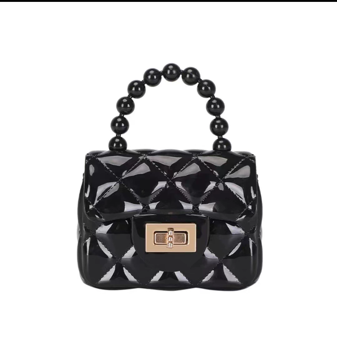 Small quilted handbag with bead handle and chain, compact 13×5×9 cm, multiple colors