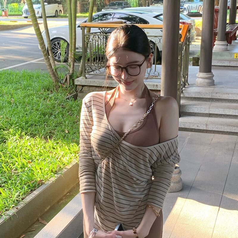 纯欲风复古条纹长袖T恤收腰显瘦打底罩衫上衣女+l连衣裙两件套|undefined