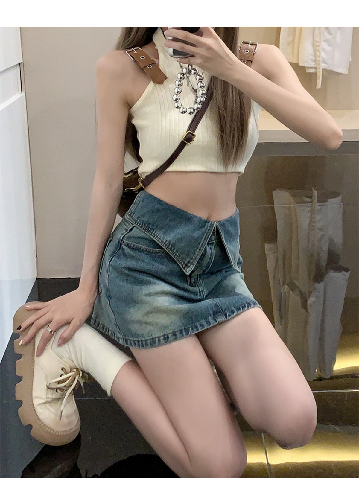 Retro Style High Waisted Denim Skirt plus Size A-Line Silhouette Women's Summer Bottoms Flattering for Petite Figures_ecoleips.com