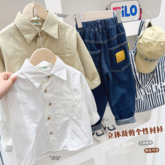 New 2024 Spring Children's Clothing for Older Kids - Korean Style Solid Color Long-Sleeve Shirt for Baby Boys with Collar - Casual White Top