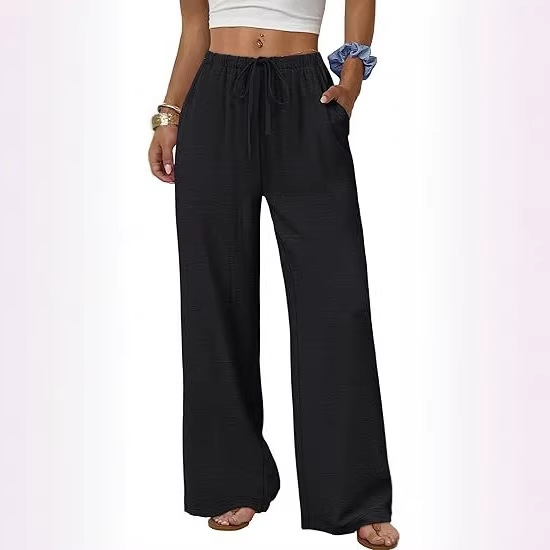 Cross-Border Amazon, Women's Wide-Leg Pants, Drawstring Elastic Waistband, with Pockets, Summer Beach Vacation Wear