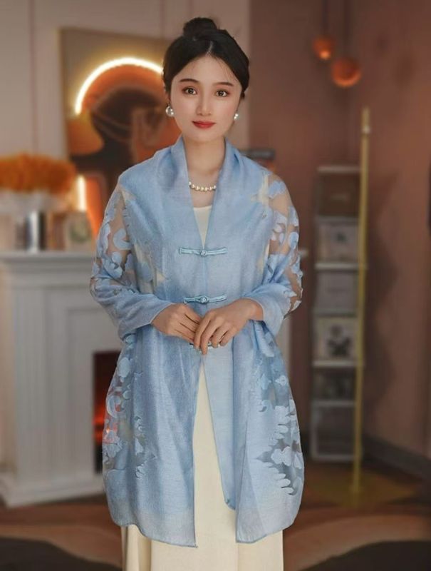 新款手工剪花夏季薄款防晒盘扣披肩女民族风中式披肩|undefined
