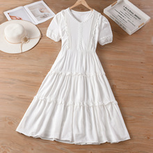 2025夏季新款连衣裙韩版时尚女装拼接减龄显瘦甜美花边中长裙白色