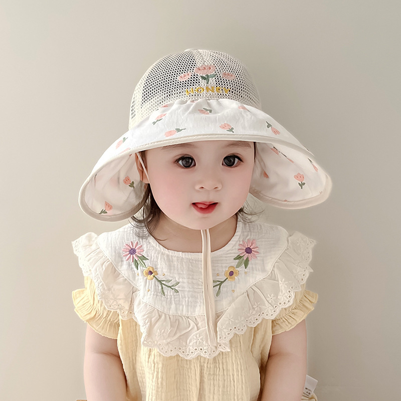 Sombrero para niños verano fino malla transpirable sombrero de ala grande sombrero de protección solar mujer bebé dulce flor sombrero de pescador