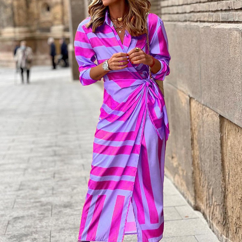 Women's A-line Skirt Elegant Turndown Printing Long Sleeve Stripe Midi Dress Daily display picture 4