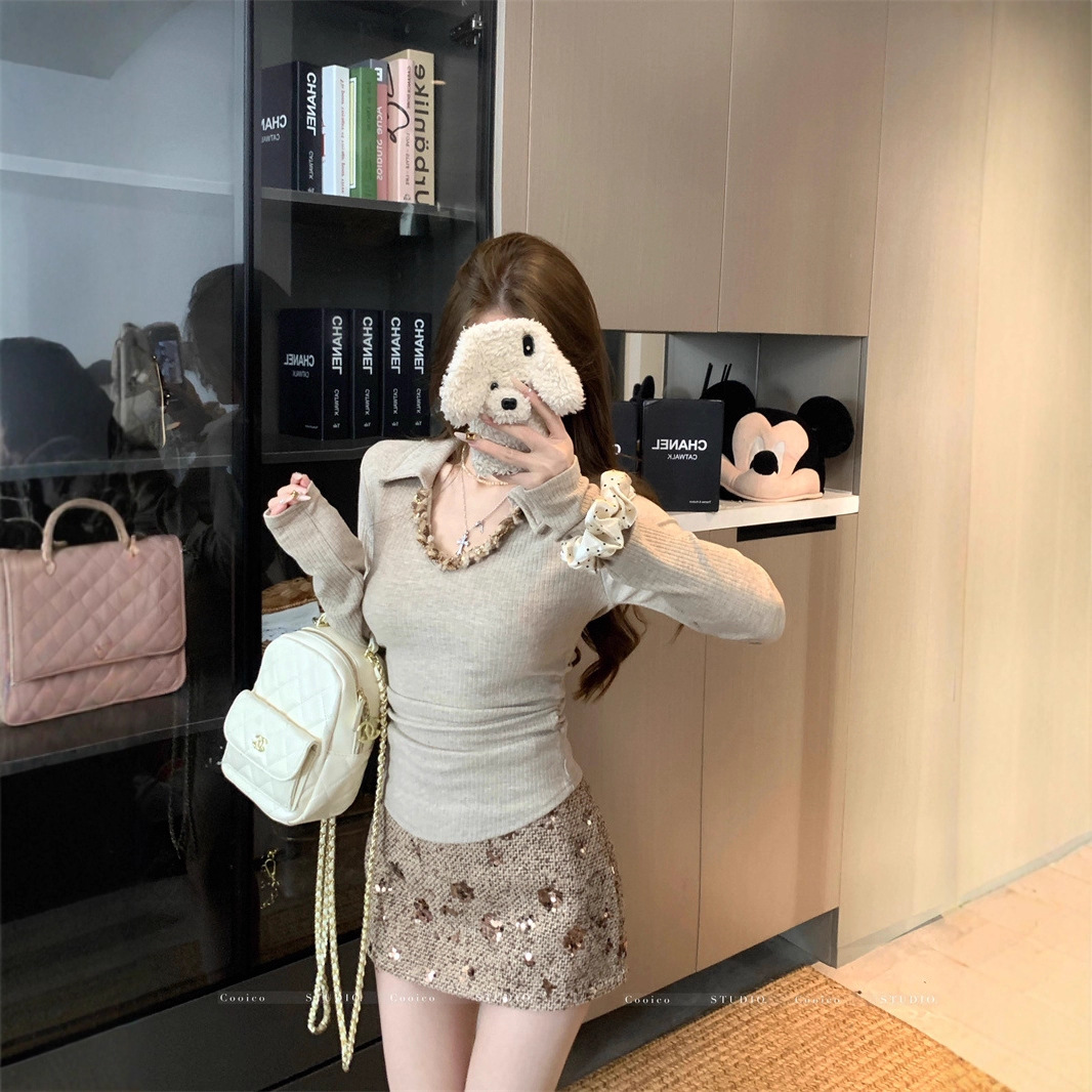 实拍实价 甜辣妹套装长袖V领修身针织衫女装冬季高腰半身裙两件套