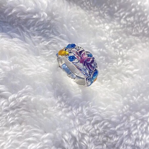 Plain silver cloisonné lotus carp hollow national style ring retro old craft open ring simple silver hand jewelry