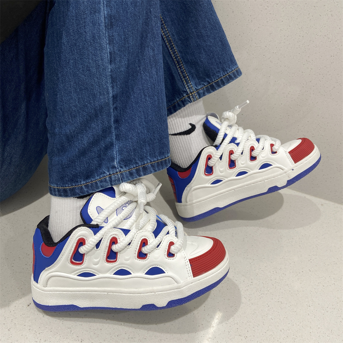 Freizeitschuhe Für Damen Und Herren Mit Dicker Sohle Weiß Blau Rot_voghion.com