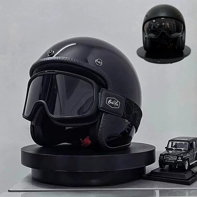 Motosiklet kaskı (dəbilqə) — for Motorcycle Helmets, Small Helmets - second-generation-fiberglass-glossy-black-pilot-endoscope-with-goggles-m