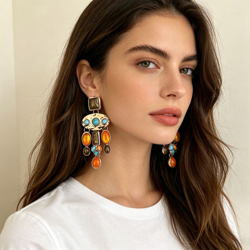 Cross-border ethnic style turquoise tassel earrings, Bohemian fashion long tassel earrings, vintage distressed earrings Cross-border ethnic style turquoise tassel earrings, Bohemian fashion long tassel earrings, vintage distressed earrings