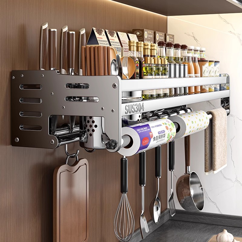 304 Stainless Steel Kitchen Storage Rack Wall-Mounted Knife, Seasoning, Chopsticks Hook, Chopping Board, Household Items Storage Collection