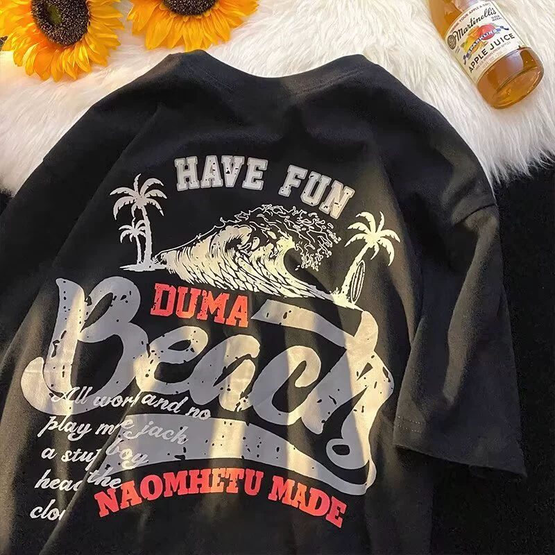 Хлопок Летний прилив Бренд Мужская буква тяжелое свободное кокосовое дерево повседневная футболка с короткими рукавами мужской ретро американский круглый воротник