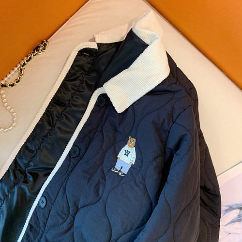 Vintage American Bear Embroidered Contrast Edge Cotton Jacket for Men and Women, Winter Fashion Gingham Loose Thick Collar Outerwear