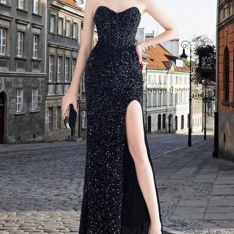 2025 ropa de primavera comercio exterior transfronterizo nuevos productos fantasía de cuentas de color detrás de la corda atada tipo sostén de horquilla lateral con el pecho vestido de noche de hueso de pez image 9