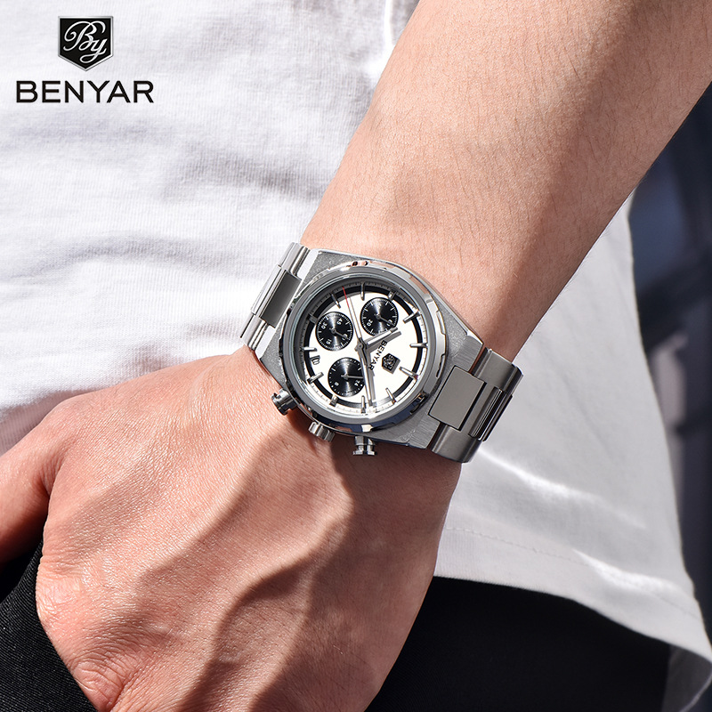 Reloj para hombre BY5204 reloj de cuarzo multifuncional de moda impermeable acero nocturno calendario reloj para hombre