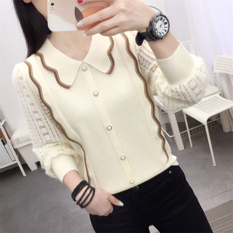 Age-Reducing Autumn and Winter New Style Doll-Style Long-Sleeved Patchwork Sweater Chiffon Bottoming Chic Short Top