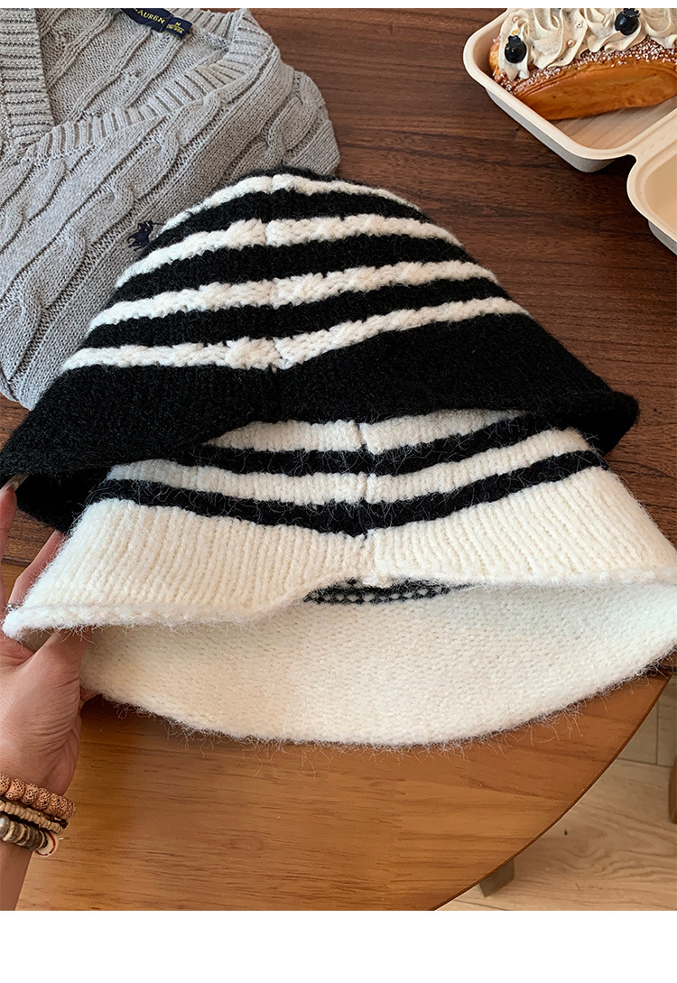 Cappello da pescatore in peluche retrò a righe in stile giapponese per donna, autunno e inverno, caldo, versatile, a tesa larga, snellente per il viso_voghion.com