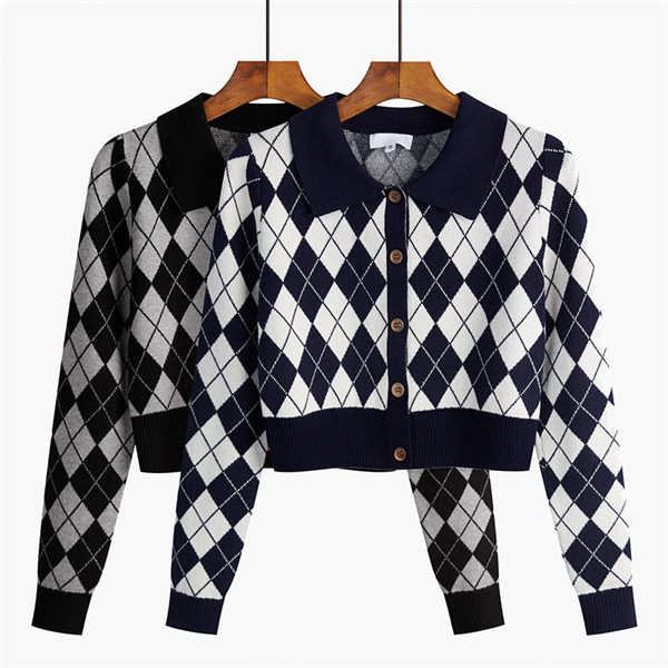 Polo Collar Knitwear Women's Long-Sleeved Rhombus Plaid Autum 2026 New Cardigan Jacket Short Checkerboard Top