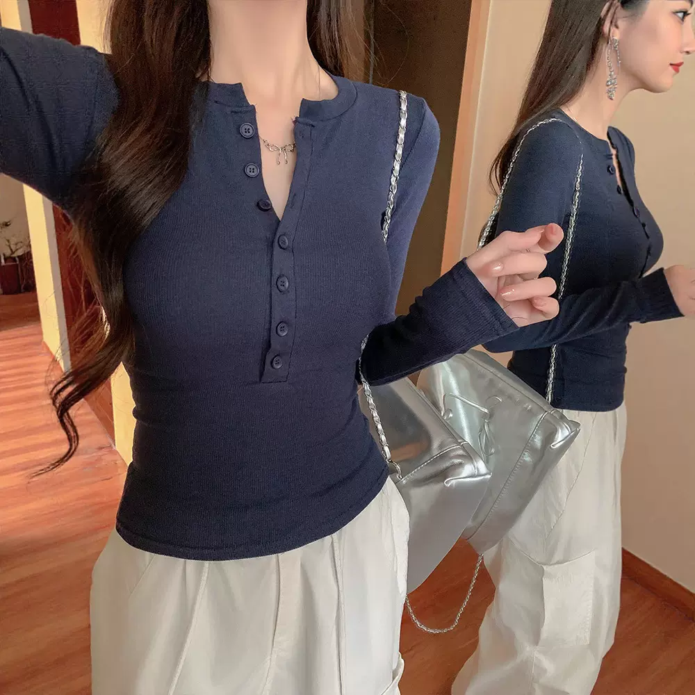 美式辣妹半开领纽扣长袖T恤女秋季新款修身显瘦内搭打底衫上衣潮