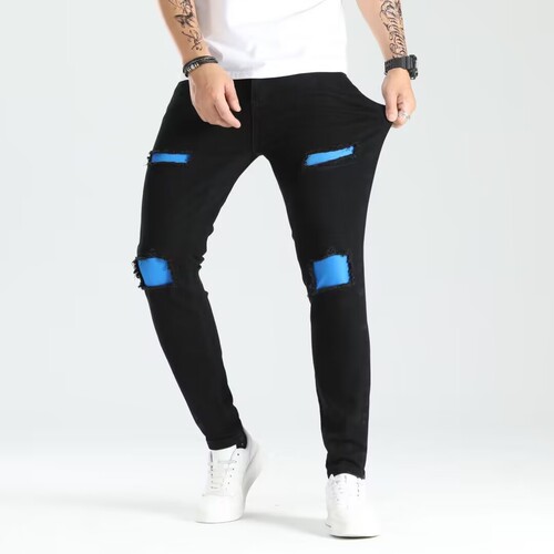 Cross-border new holey ankle men's pants European and American elastic patch trendy fashion jeans for men