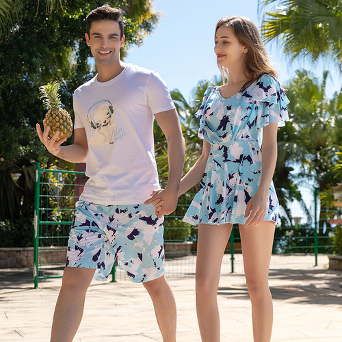 Couple swimsuit women's skirt style seaside beach water park honeymoon style one-piece swimsuit loose quick-drying beach pants for men