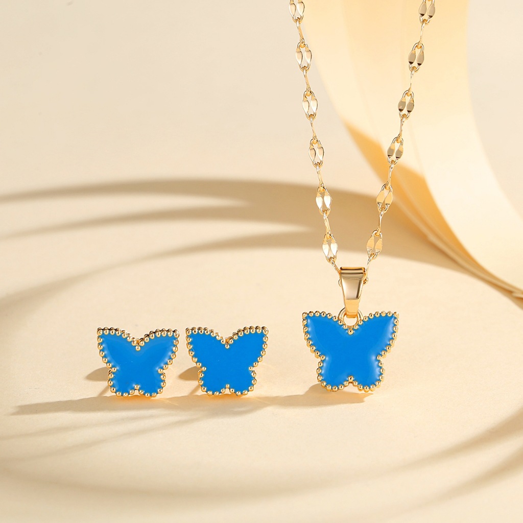 Europa y los Estados Unidos explotaron mariposa juegos de joyería de cobre dorado para mujeres pendientes de aceite goteo collar de seis colores joyerías transfronterizas en caliente