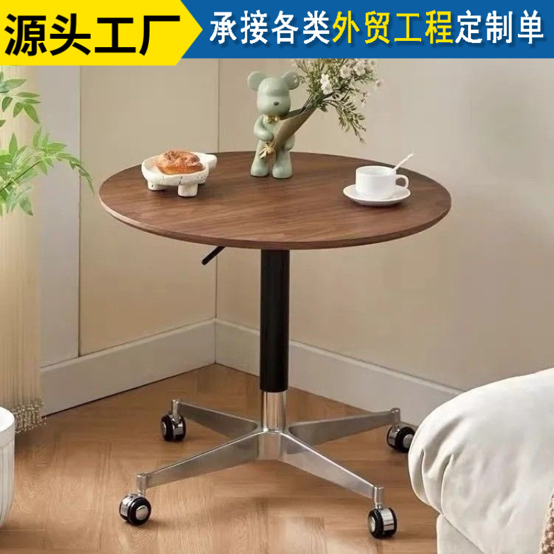 Solid Wood Desktop Adjustable Coffee Table, Movable Adjustable Aluminum Alloy Base, Small Round Table with Wheels, Adjustable Round Table