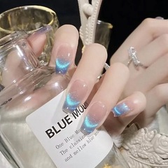 冰透法式夢幻藍色穿戴甲晶石貓眼純欲漸變高級感美甲成品貼片