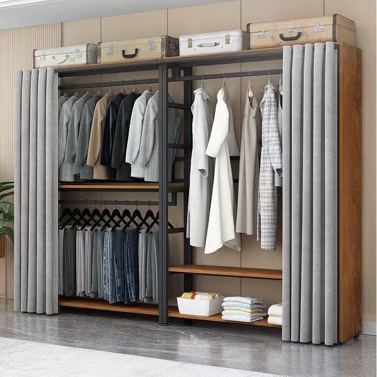 Metal Wardrobe Bold and Reinforced Two-Layer Cloakroom Bedroom Small Apartment Double-Layer Wardrobe Can Be Stacked and Assembled to Block the Curtain