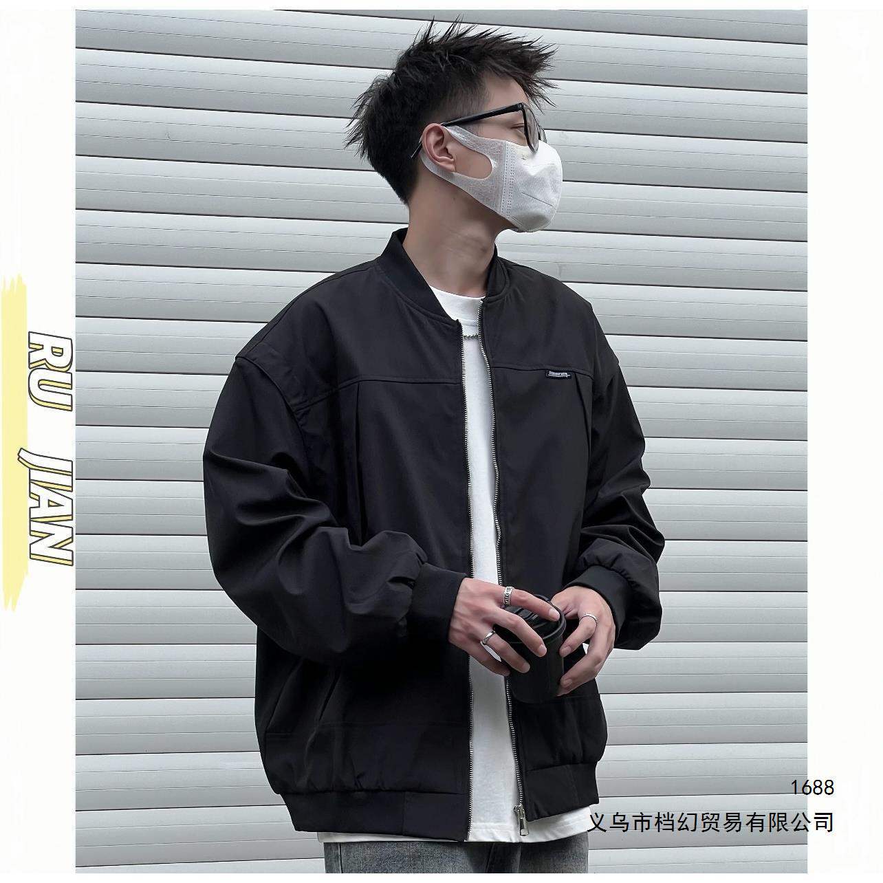 外套男美式复古高街纯色夹棉立领休闲外套宽松百搭棒球服飞行夹克